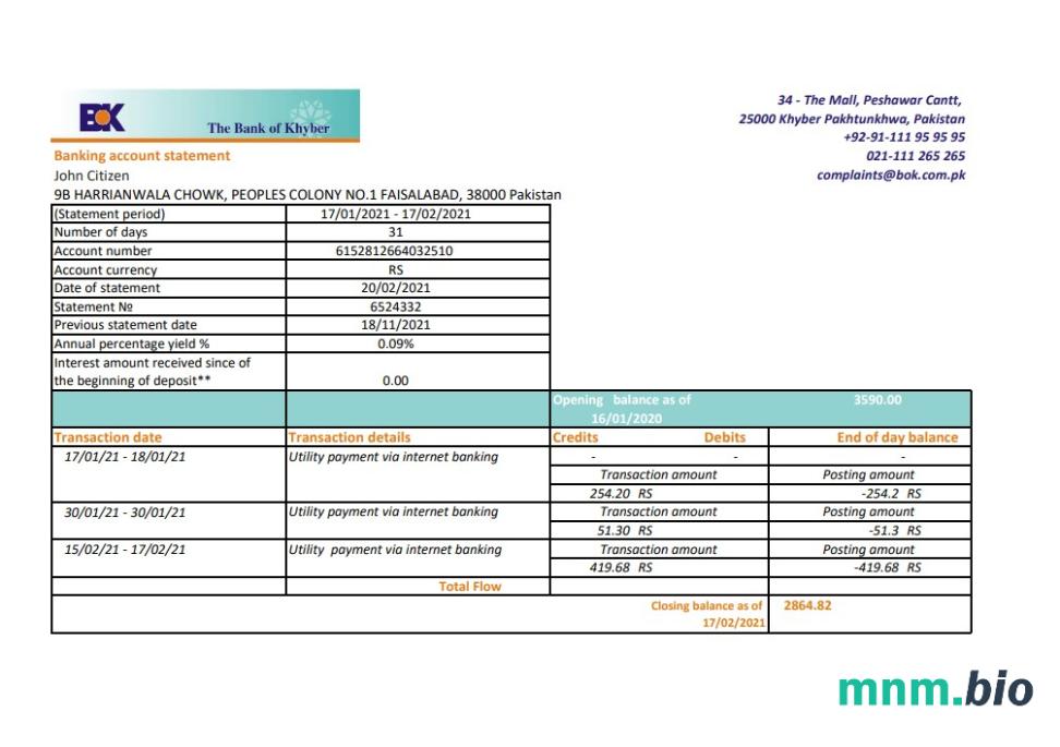 Pakistan Bank Khyber szablon wyciągu bankowego w programie Word i PDF